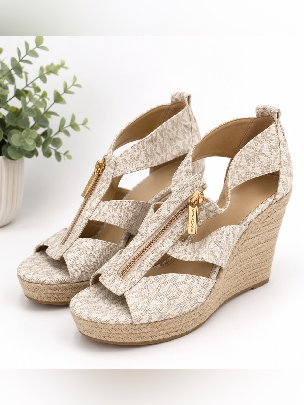 Michael Kors Tan Logo Zip-Up Espadrille Wedge Sandals